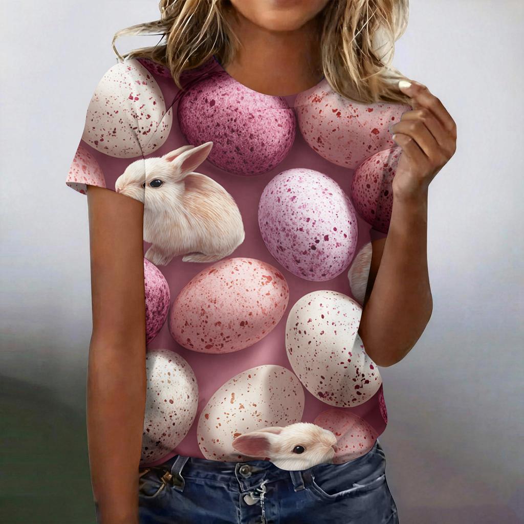 Women's Fashionable Casual Short-Sleeved Raglan Sleeve Easter Print T-Shirt Top