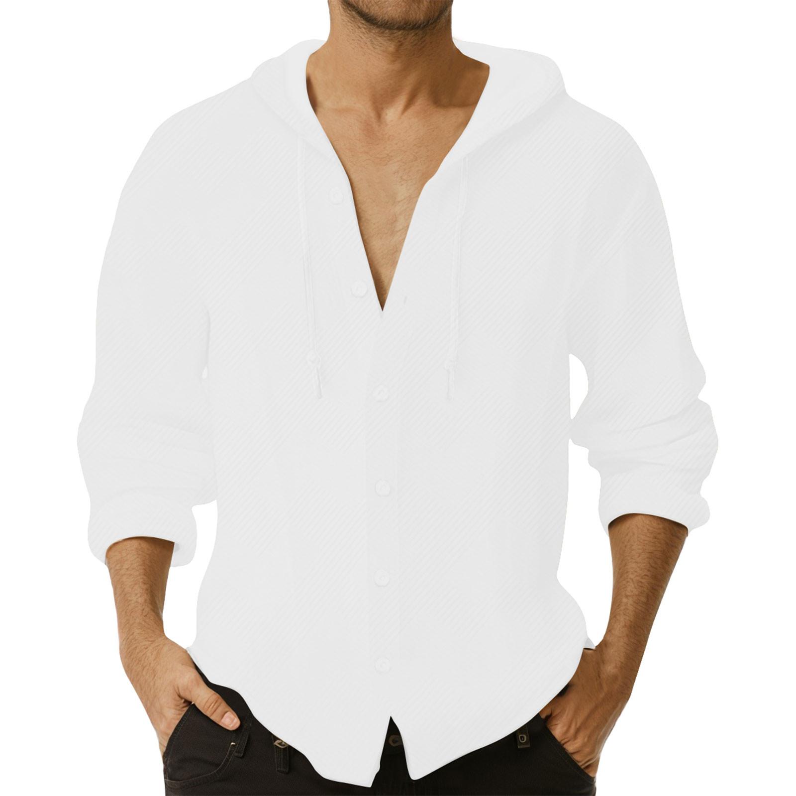 

Men s Solid Color Casual Long Sleeved Shirt With Hood And Drawstring Cardigan M білий