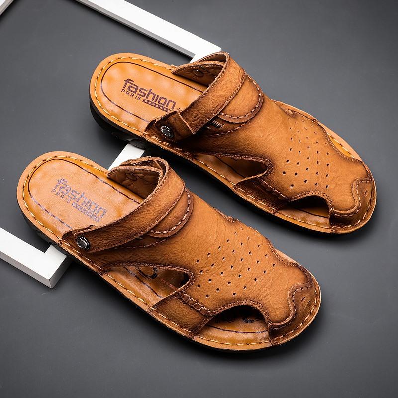 Cool Slippers Men'S Outdoor Fashion Cowhide Beach Shoes Breathable Bag Head Hole Shoes