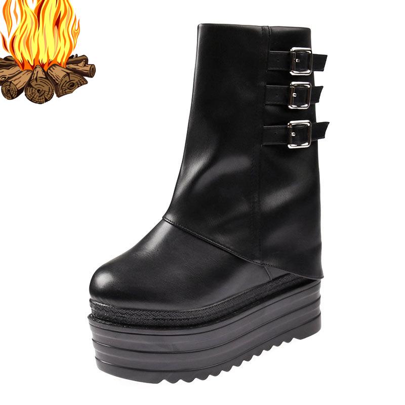 Fashion Spring 13cm Heel Thick Sole Mid-Calf Boots for Petite Women - Black/White Warm Stylish Height-Increasing Smoke Tube Design