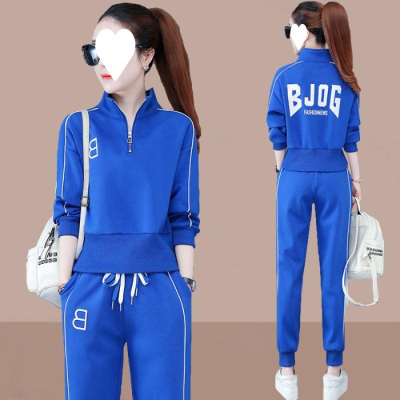 Casual Sportswear Suit for Women, Spring and Autumn High-waisted Stand-up Collar Sweatshirt, Stylish Large Size Long-sleeved Two-piece Set