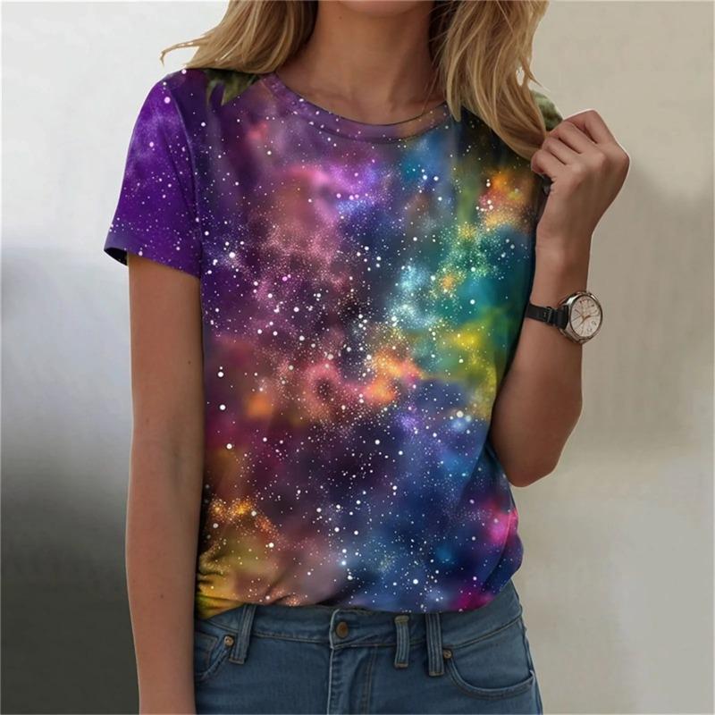 Summer Tops for Women Casual Galaxy Shirt Women Galaxy Print T Shirts Glitter Shirts Blouse Fashionable Starry Plain Shirt