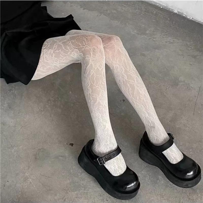 Women Sexy Retro Floral Stockings Mesh Hollow Out Silk Stockings JK Lolita Fishnet Lace Breathable Y2K Tights Pantyhose Leggings