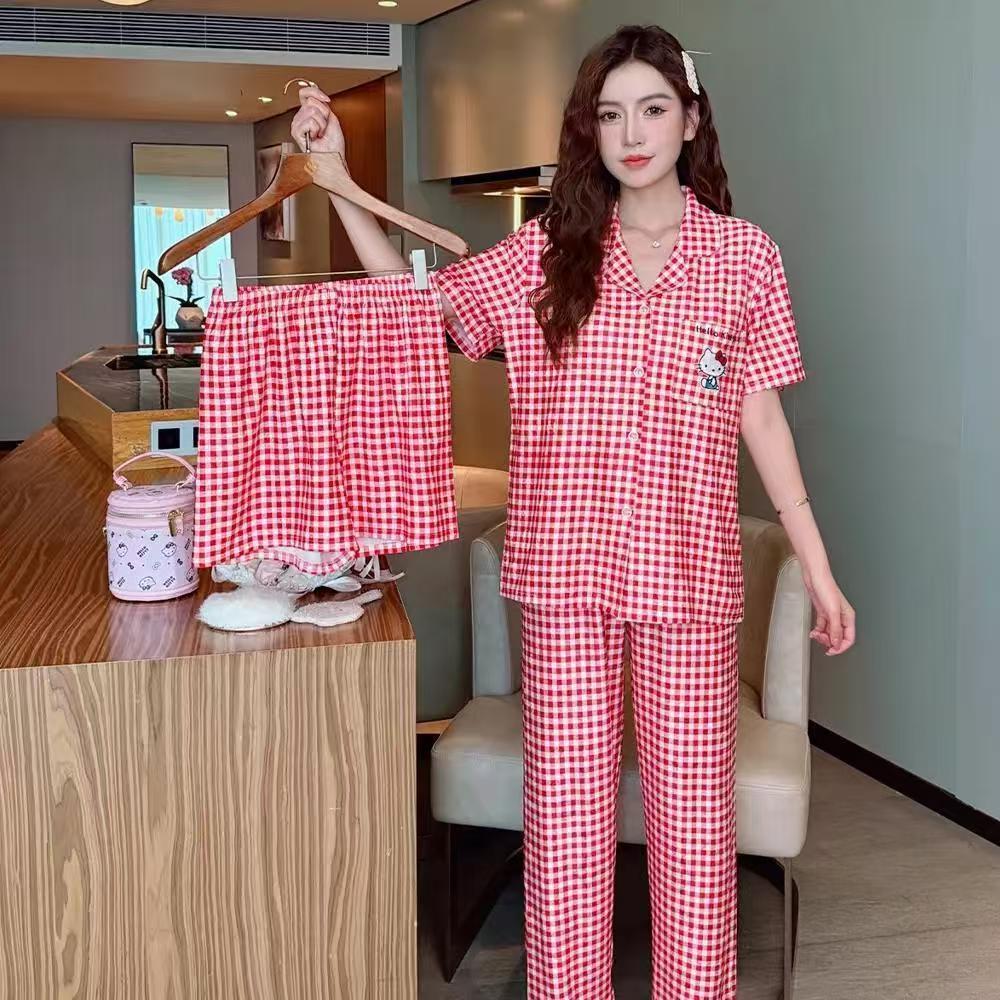 Kariertes Hello Kitty Pyjama-Set - Damen Kurzarm Frühling/Sommer 3-teilig