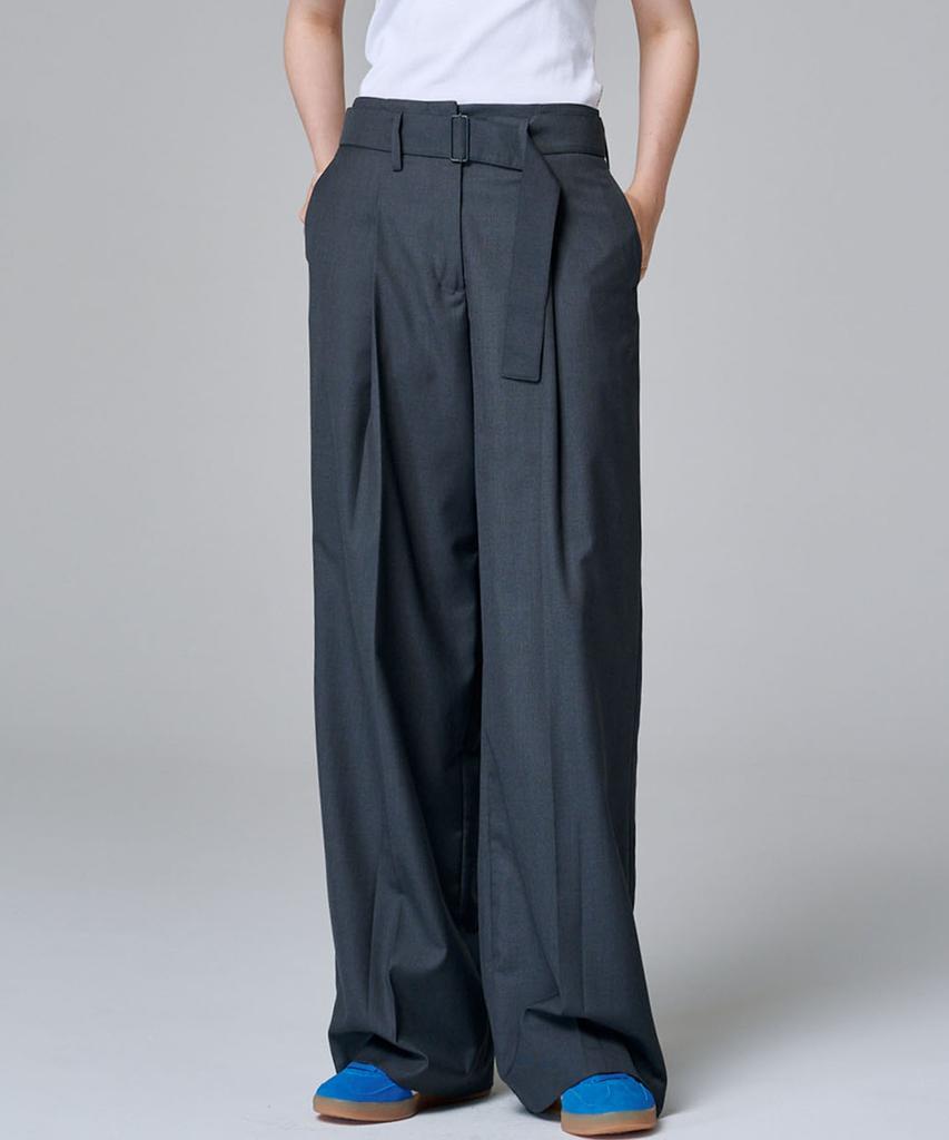 MALOUPE 2155 Single-Pleat Belted Wide Pants (Dark Gray)