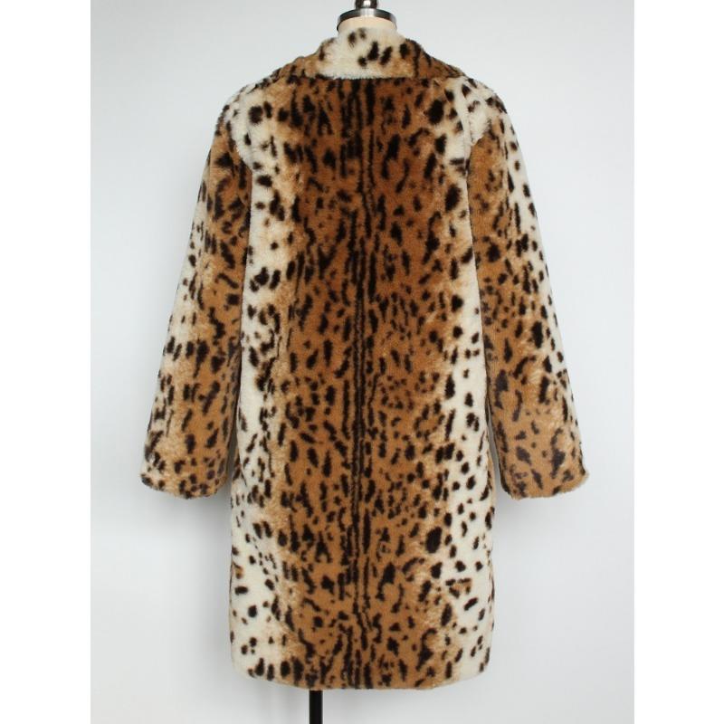 Women's Mid-Length Leopard Print Faux Fur Coat Lapel Warm Winter Jacket Streetwear
