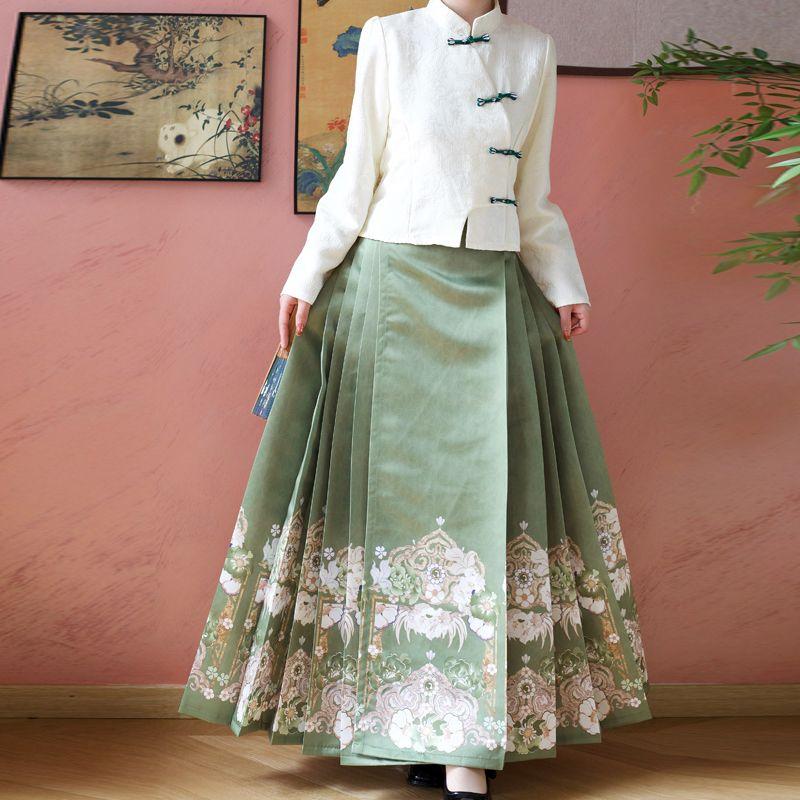 Chinese Ming Dynasty Style Hanfu For Women Stand Collar Summer Daily Printed horse-face Skirt