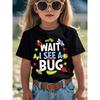 European Sizes Insect Bug Print Black T-Shirt, Crew Neck, Casual Tee, Regular Fit for Girls, for Spring/Summer/Fall Easter/ Day/Earth Day