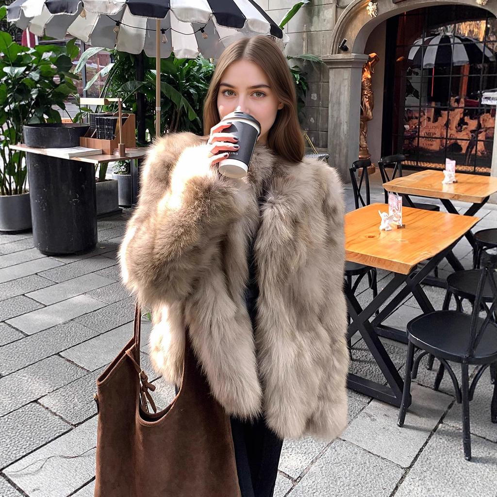 Europe and the United States popular thousand gold wind furry stand-up collar jacket new young furry coat warm