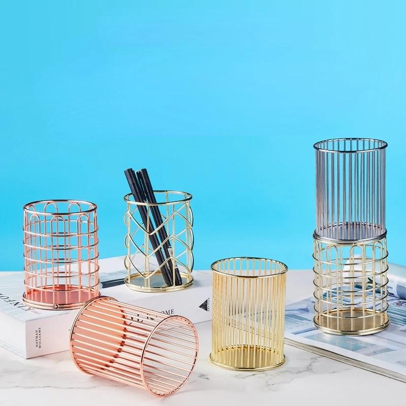 Desktop Pen Holder Office School Storage Case Metal Gold Rose Gold Box Desk Pen Pencil Organizer Home Decor Makeup Storage