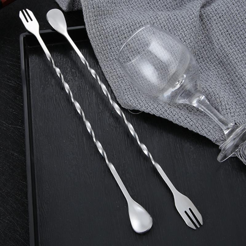 304 Stainless Steel Long Handle Bar Spoon Dual-purpose Mixing Fork Ice Cocktail Coffee and Tea Tableware Spoons Kitchen Dining