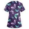 Fashion Butterfly Print V Neck Work Tops With Pockets Short Sleeve Women