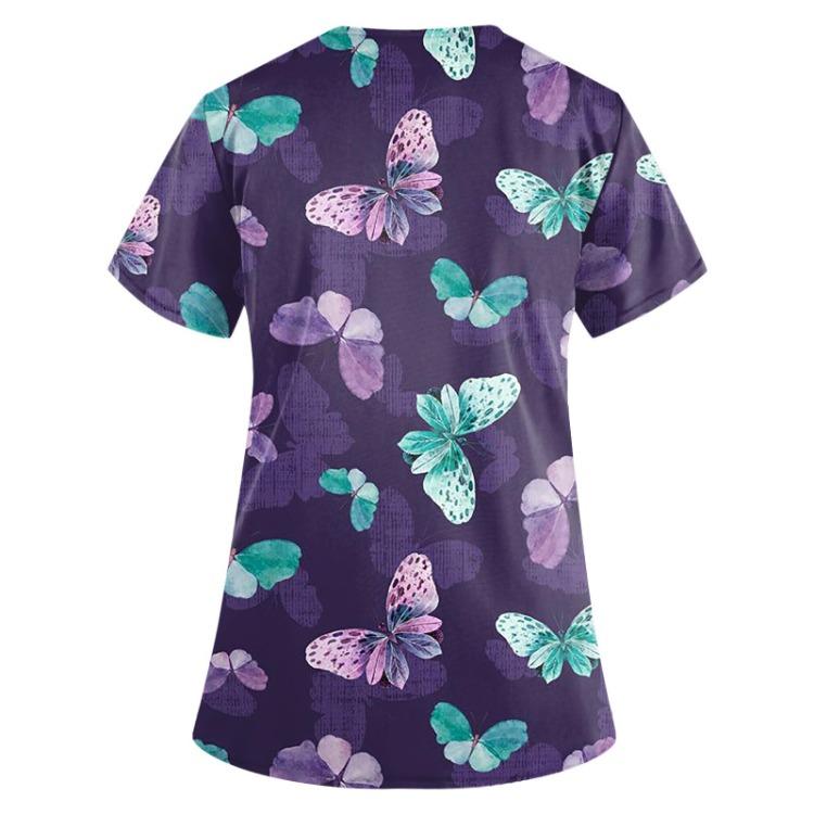 Fashion Butterfly Print V Neck Work Tops With Pockets Short Sleeve Women
