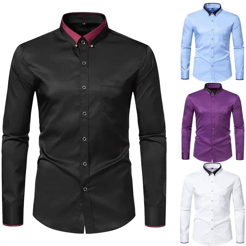 Elastic Shirt Men's Long Sleeved Diamond Buckle Contrasting Collar Design Solid Color Slim Fit Men's Shirt Men's Clothing