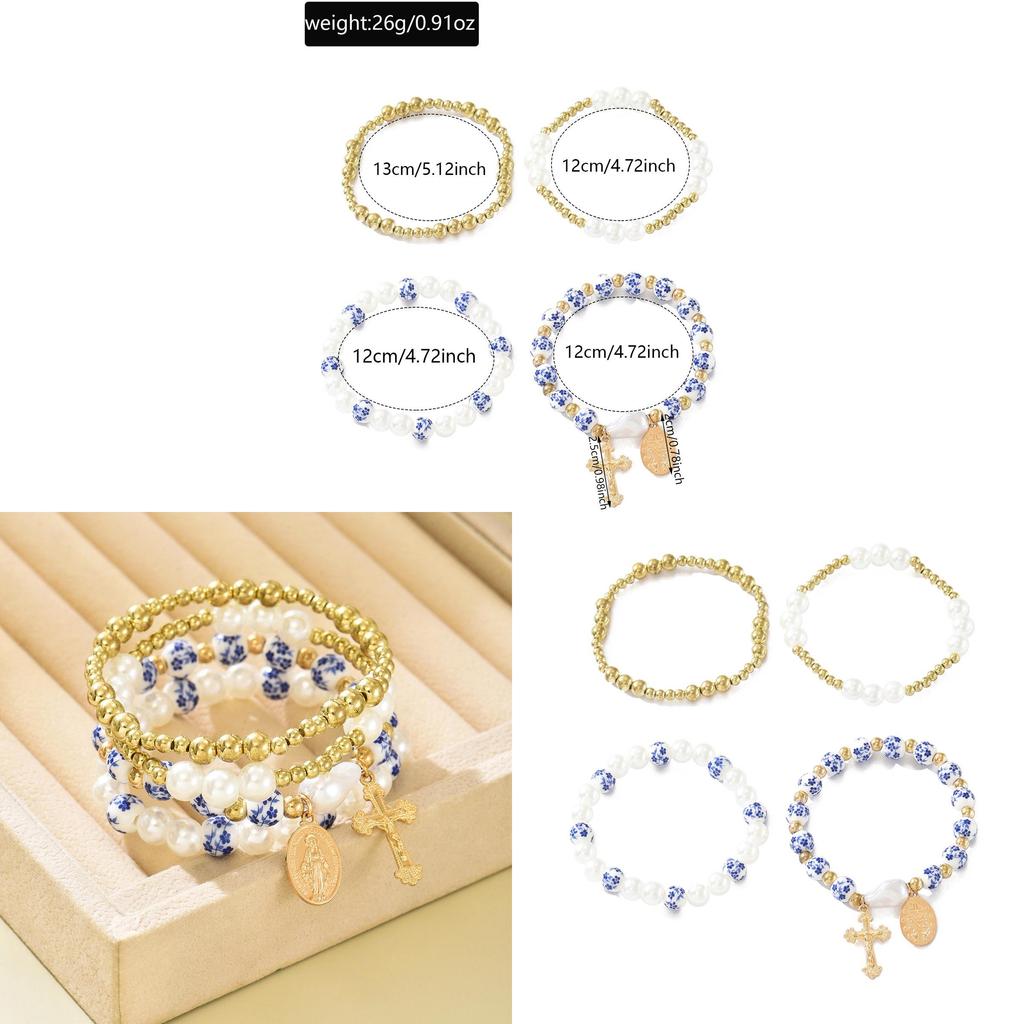 Qinghua Beaded Bracelet With Cross Pendant Handmade For Women
