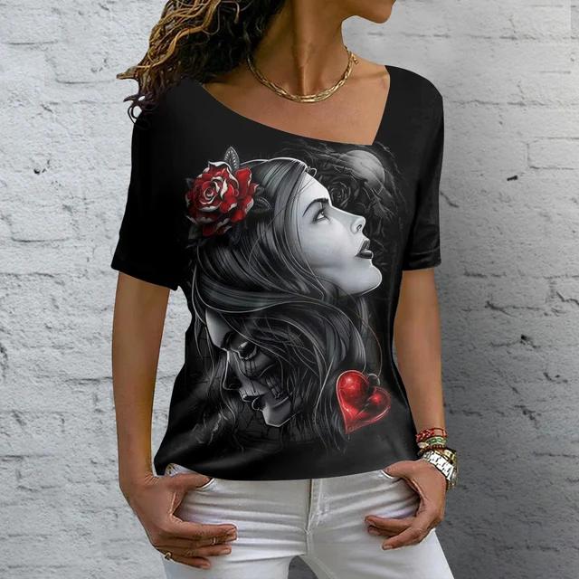 Summer V-neck 3D Skull Rose Print Top Fashionable Casual Short Sleeved Women's T-shirts