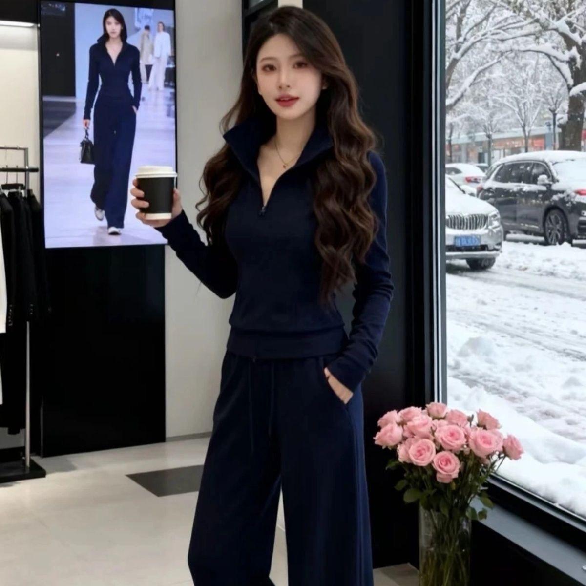 Спортивный велюровый худи и широкие брюки, комплект из двух предметов, корейский стиль, 2026 Medium