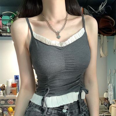 Sweet and Seductive Style Ruffled Camisole Vest With Chest Pad Drawstring For Women Summer Hot Girl Outer Wear Slim Fit Top