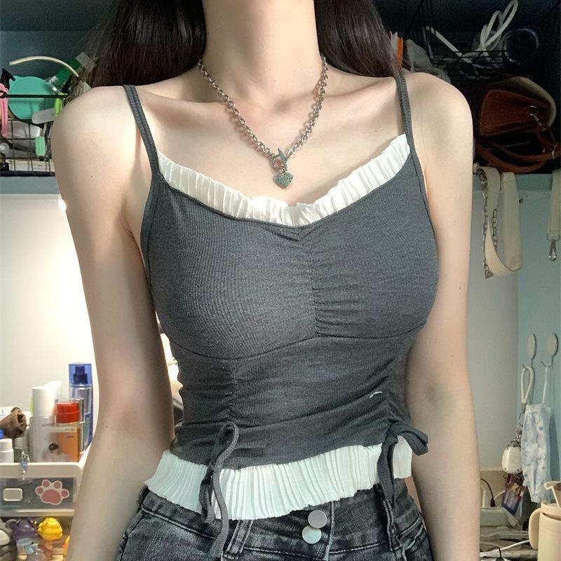 Sweet and Seductive Style Ruffled Camisole Vest With Chest Pad Drawstring For Women Summer Hot Girl Outer Wear Slim Fit Top