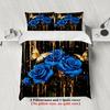 Royal Blue Rose And Butterfly Bedding Set Black Background With Gold Accents With Duvet Cover & Pillowcases For Bedroom Decor