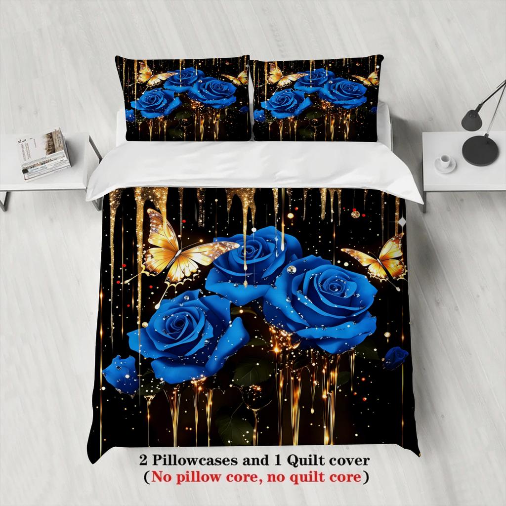 Royal Blue Rose And Butterfly Bedding Set Black Background With Gold Accents With Duvet Cover & Pillowcases For Bedroom Decor
