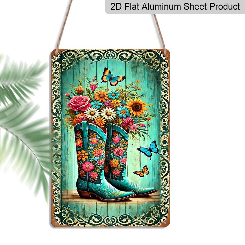 2D Flat, 1pc Western Retro Floral Boots Aluminum Wall Art Sign - 8x12 Inch Rustic Turquoise Boots with Vibrant Flowers & Butterflies, Durable