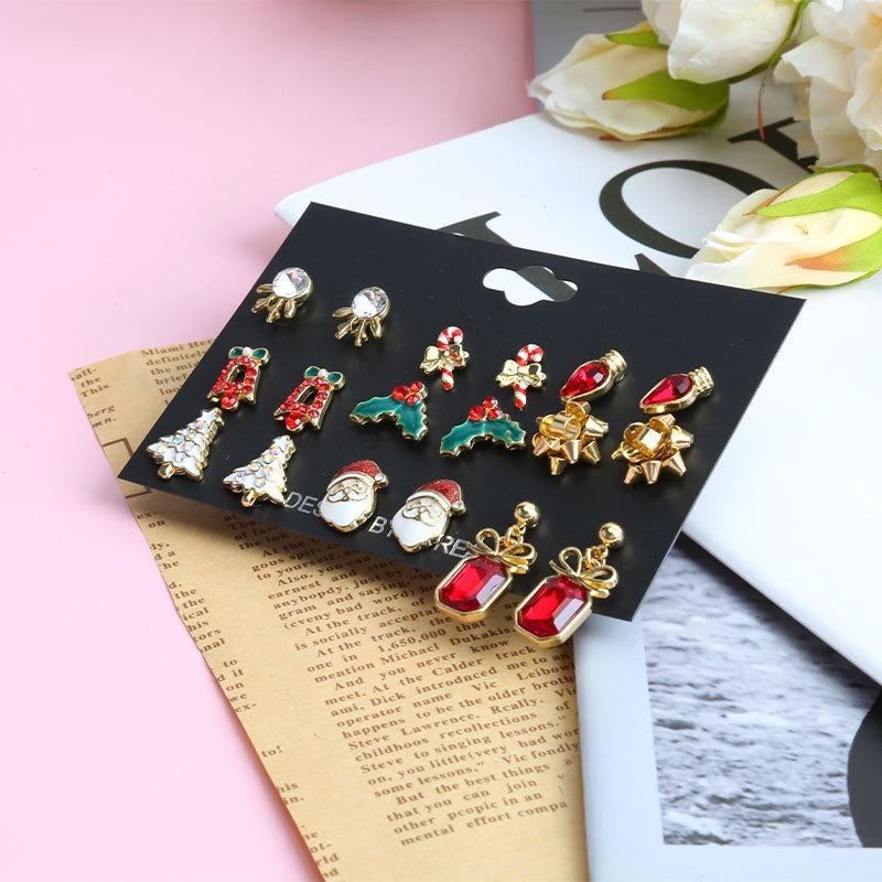 Christmas stud earrings set, elk cane bow hat tree old man alloy Christmas earrings