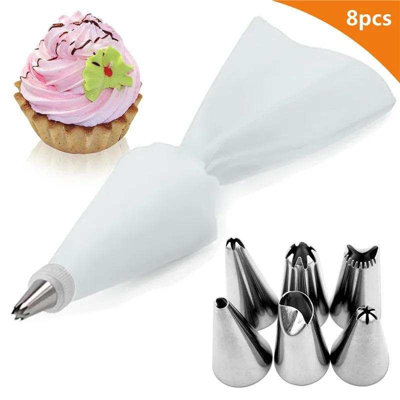 8/PCS Silicone Pastry Bag Tips Kitchen Cake Icing Piping Cream Cake Decorating Tools Reusable Pastry Bags Nozzle Set белый