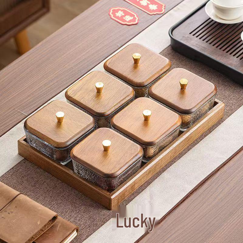 Compartmented Walnut Wood and Glass Snack Tray