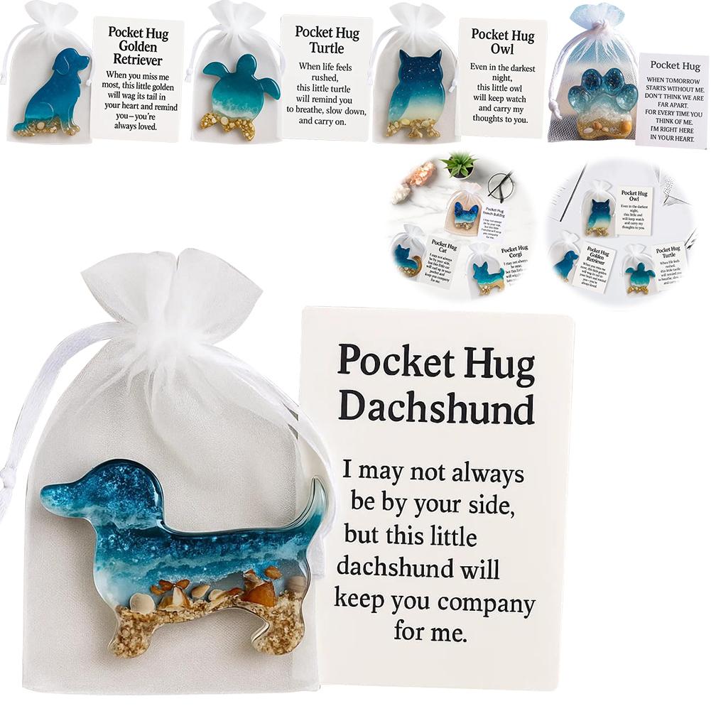 Pocket Hug Dachshund/Cat/Turtle, Handmade Blue Ocean Sand Design Cute Animals Dog Cat Pocket Hug Token Gifts for Friend Family