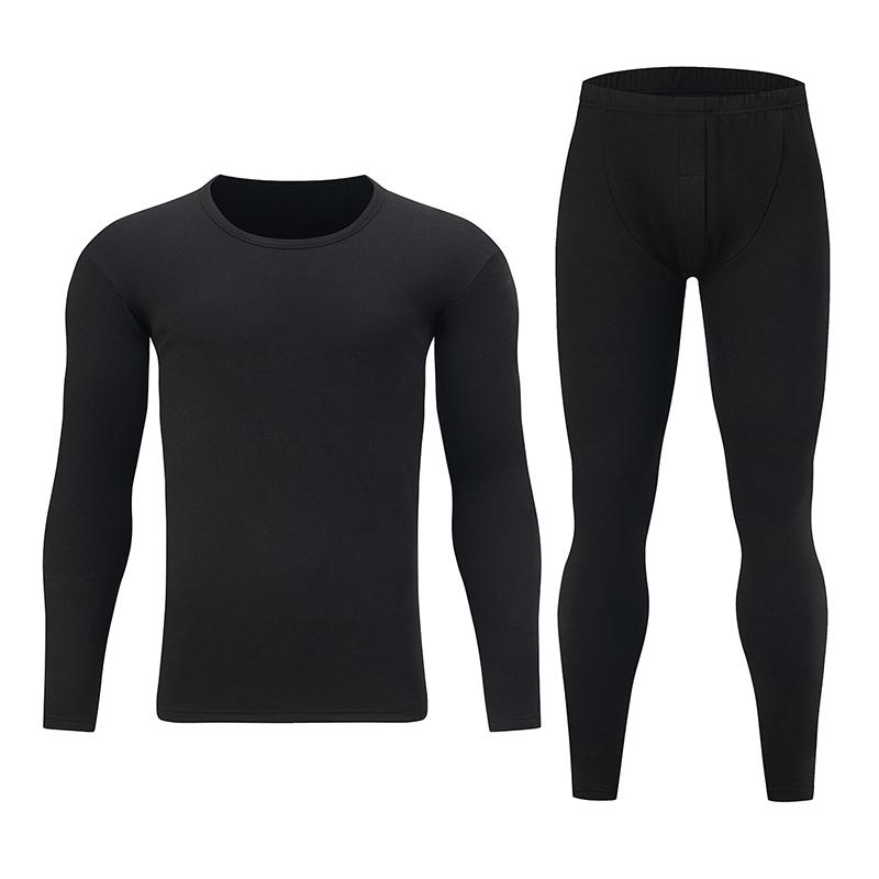 Men's Autumn/Winter Black Round Neck Comfortable and Versatile Warm Underwear Set Plus Size Sports and Fitness Base Shirt