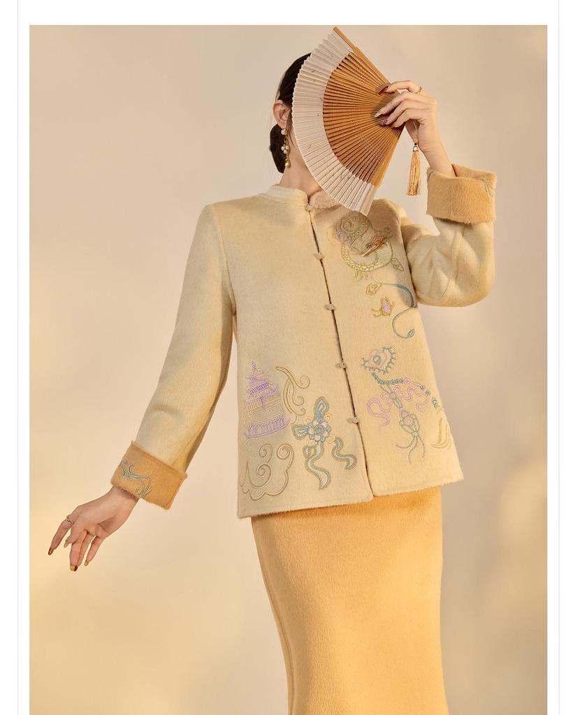 Embroidery Merino Wool Two-Color Double-Sided Coat and Skirt Set in New Chinese Style