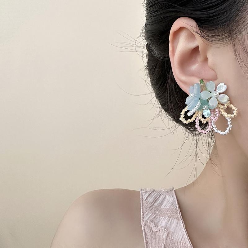 Sweet Fresh Floral Beaded Stud Earrings For Women Daily Vacation Wear