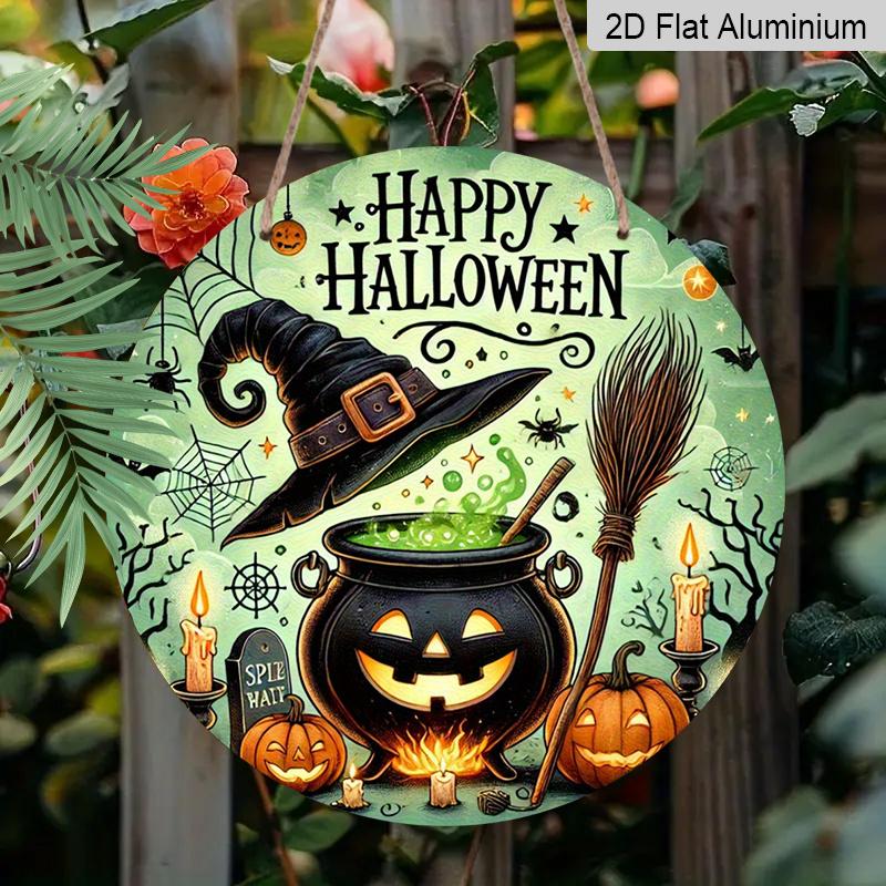2D Flat, 1pc Happy Halloween Witch Metal Sign, Round Aluminum Decor with Spooky Cauldron, Bats and Jack-O'-Lantern- Vintage Art for Yard, Office