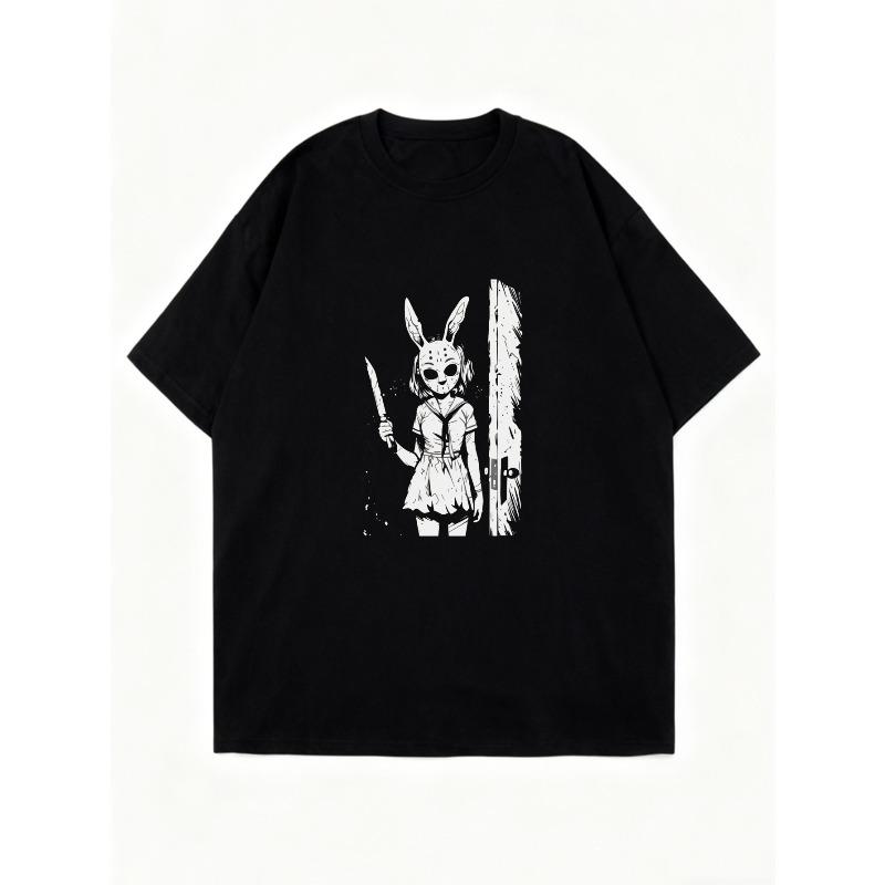 Oversized T Shirt Dress Black Bunny Girl With Knife And Door Print Casual Streetwear Fashion Statement Piece For Women