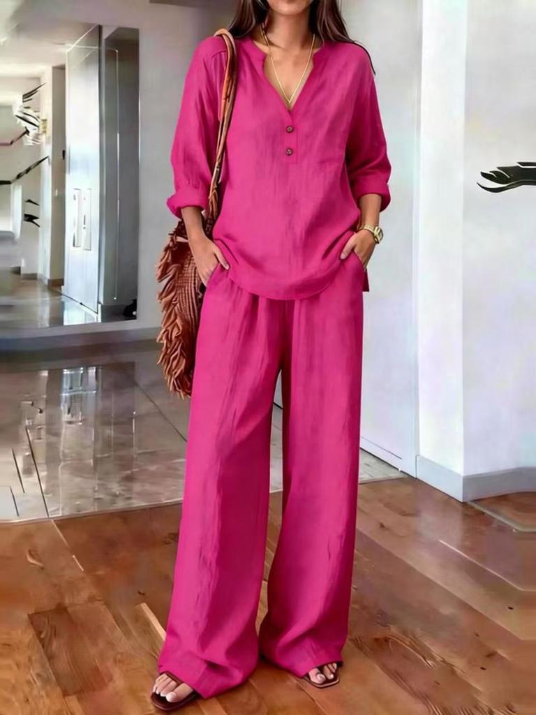 New Women's Long Sleeve Solid Loose Casual Two Piece Set