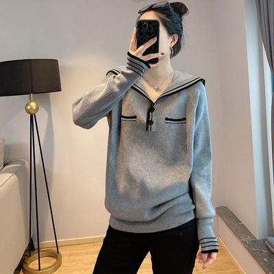 Pullover Sweater Women Autumn Fashion Versatile Casual Simple Top Navy Collar Korean Long Sleeve Pullover Knitwear Sweater