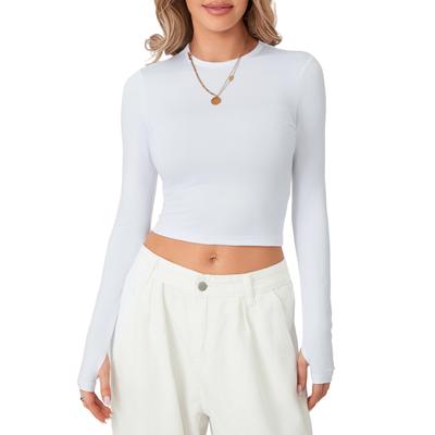 Damen T-Shirt, Langarm Rundhalsausschnitt Uni Slim Fit Damen Crop Top mit Daumenlöchern für Daily Street