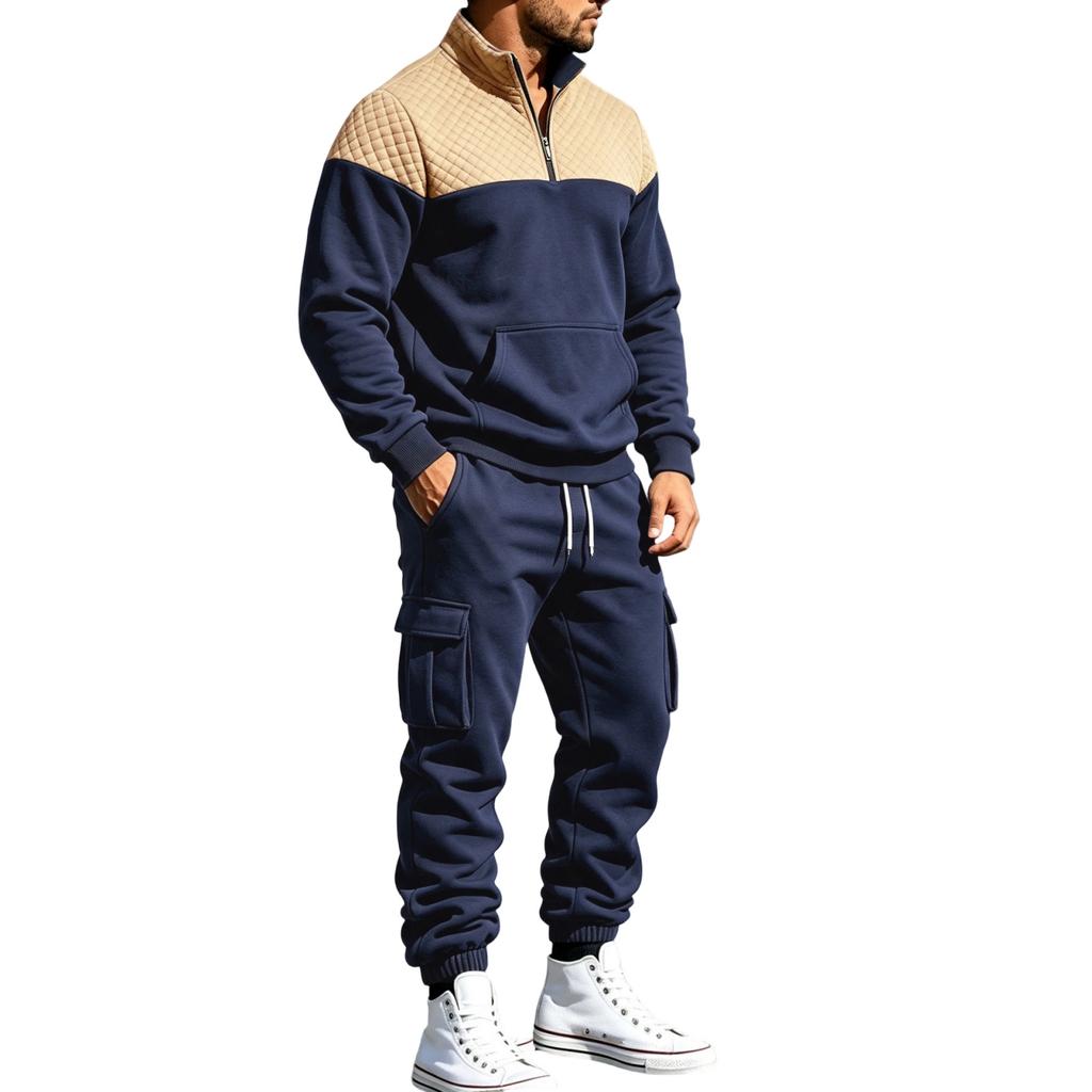 Men's Winter Hoodie and Sweatpants Set - Loose Fit Color Stand Collar Casual Tracksuit for Everyday Wear
