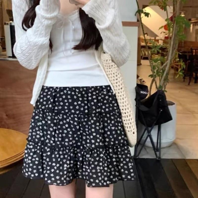 

Qooth Women Korean Printed Skirt A-line Sweet Ruffle Slim Mini Cake Skirt Elastic Waist Elegant QT2619 4XL чёрный