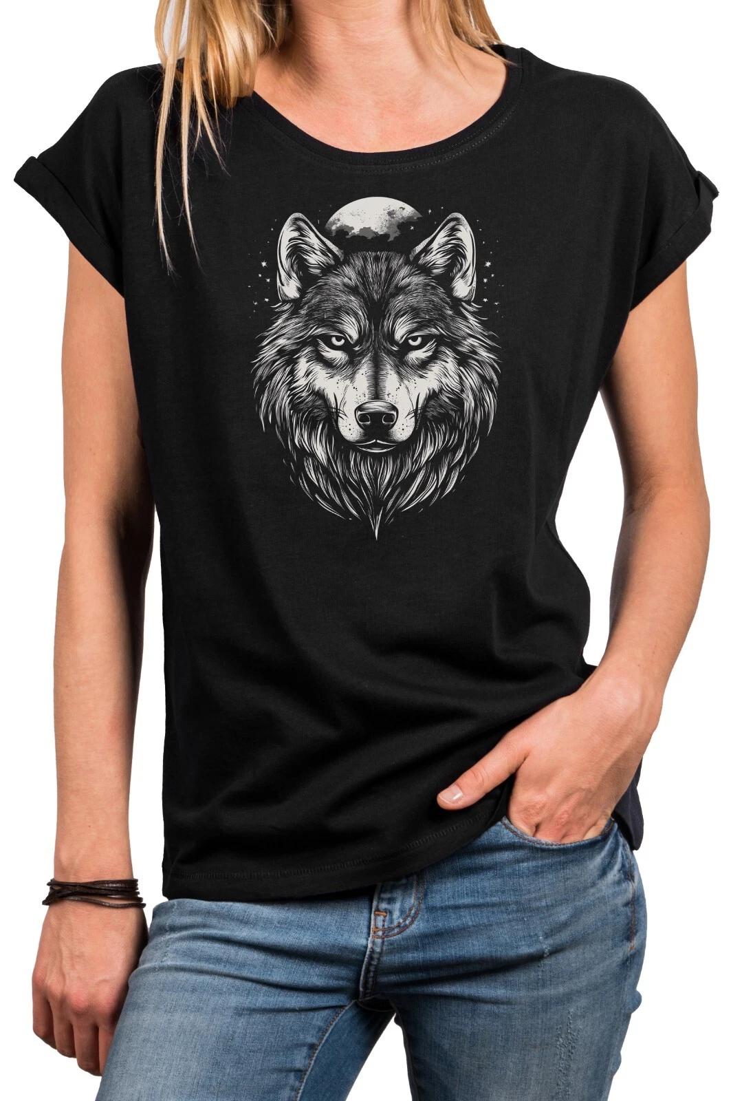 Ladies Wolf Print T Shirt Short Sleeve Vintage Wolf Design Gifts Dogs- L