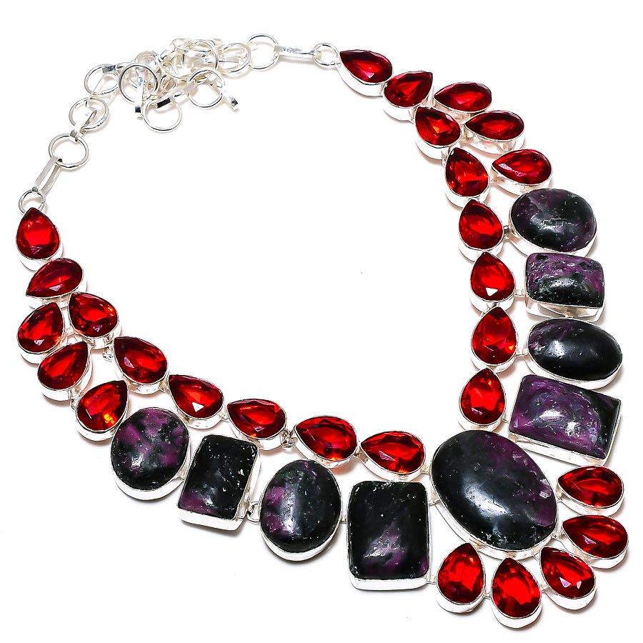 Lepidolite Stone, Garnet Gemstone 925 Sterling Silver Jewelry Necklace 18" SU-9798