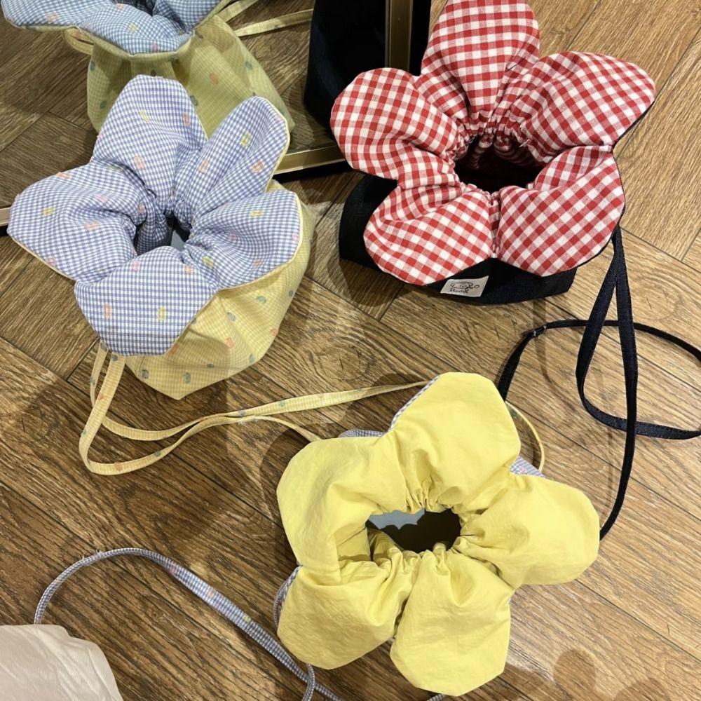 Cloth Flower Drawstring Bag Plaid Bundle Pocket Lightweight ins Shoulder Bag  Outdoor