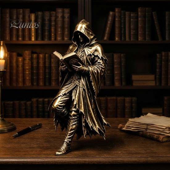 Occult Home Decoration Gothic Hooded Reaper Reading Book Resin Statue, Mystical Wizard Skull Figurine Unique Fantasy Collectible Desktop Bookshelf