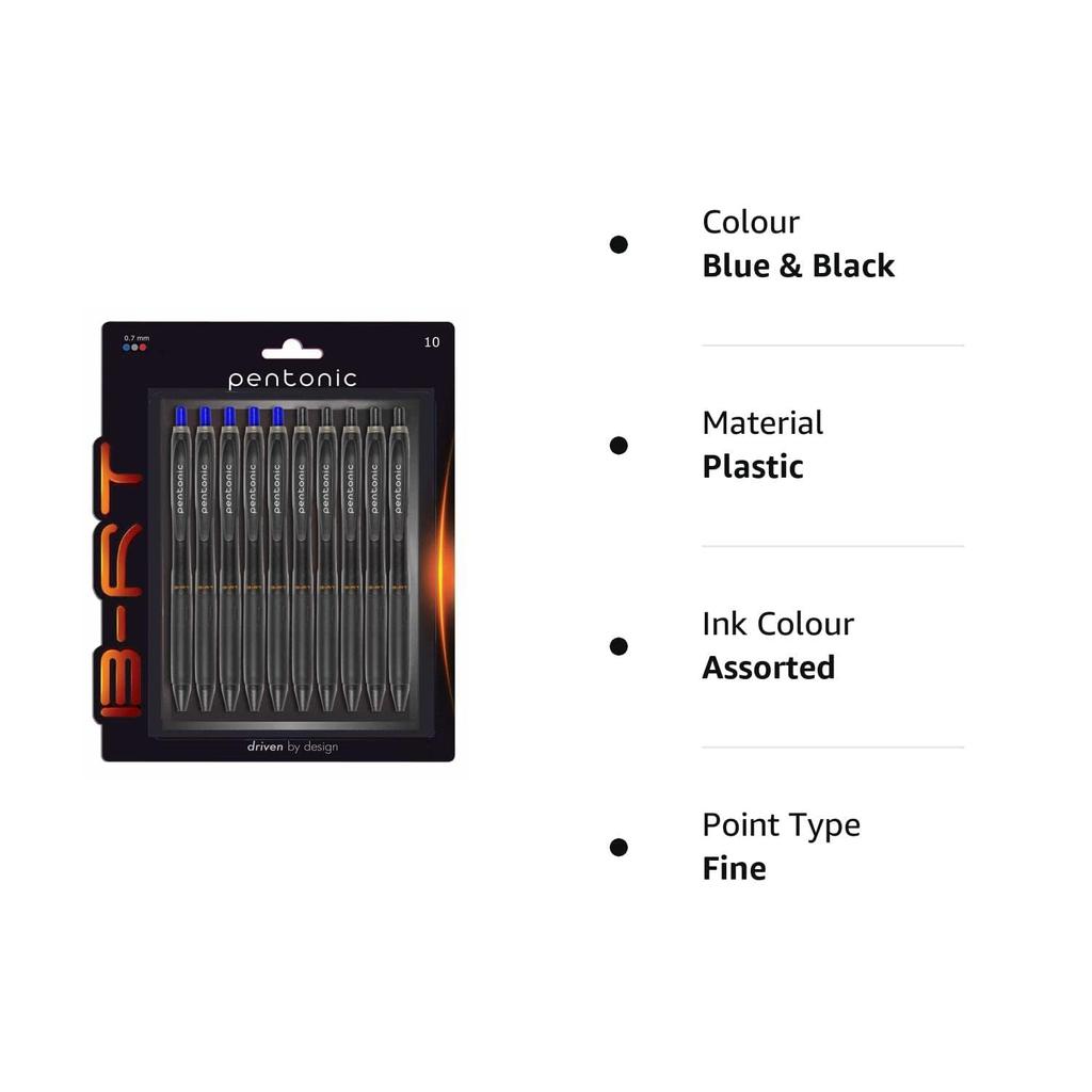 Pentonic B-RT 0.7mm Retractable Ball Pen Blister Pack Blue & Black Ink for Office, School & Home Use, Pack of 1 X 10pcs
