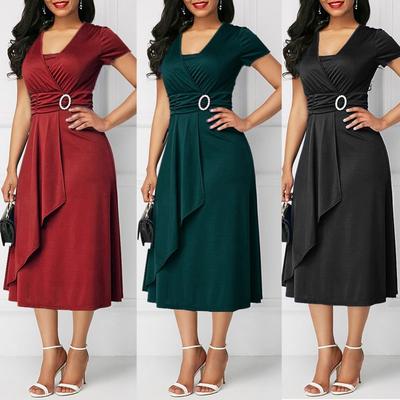 Women Solid Color Short Sleeve V Neck Asymmetric Hem Waist Tight Midi Party Dress Ladies Evening Vestidos
