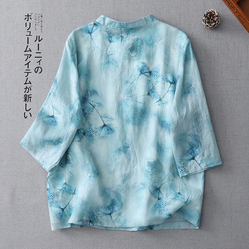 New Chinese style national style shirt summer 1116 new women's clothing stand-up collar five-quarter sleeve loose zen top women