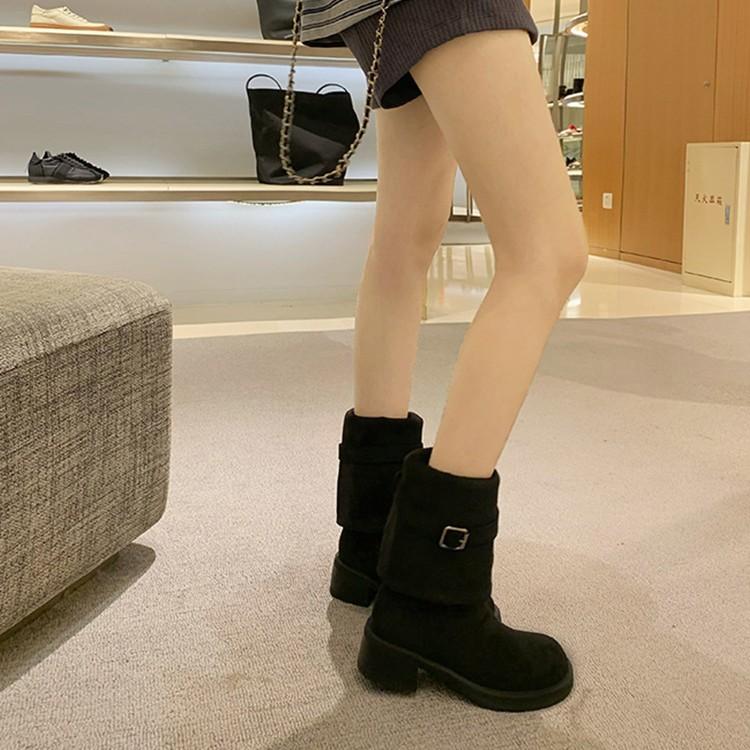 Sheepskin Version~ Skinny and Folded Two Pairs of Boots, Thigh Circumference High Knight Boots, Women's Thick-soled Belt Buckle Round Head Boots