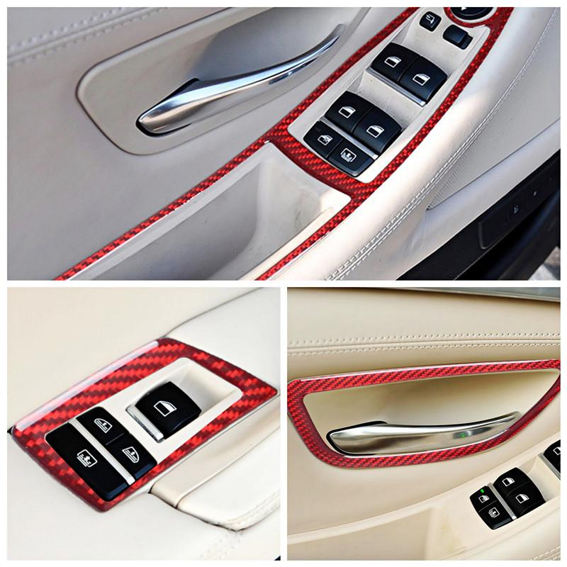 

Red Carbon Fiber Stickers Car Door Window Control Panel Modification Cover Trim Strip For BMW 5 Series F10 Car Inner