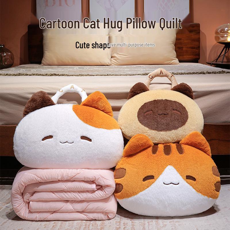 Cartoon Cat 2-in-1 Tote Pillow & Blanket for Car, Office, or Home